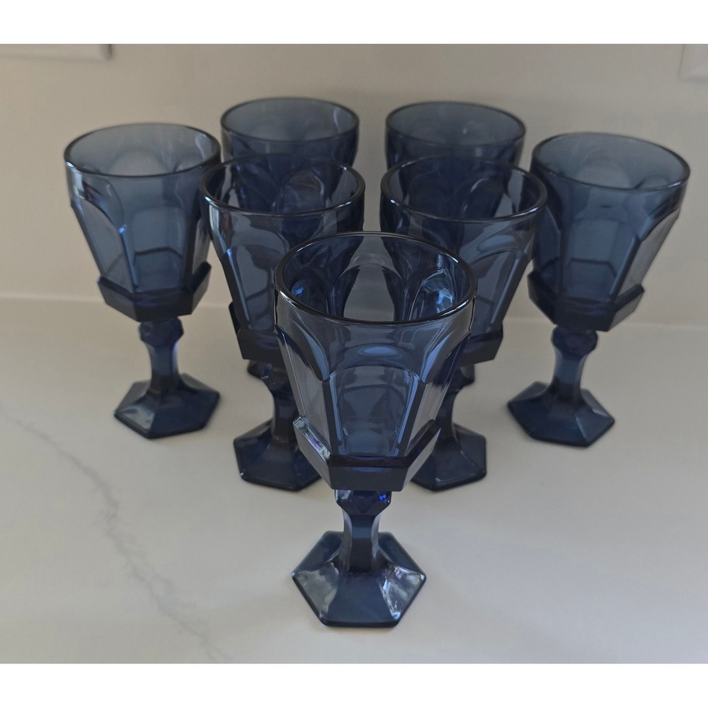 Vintage Cobalt Blue Hexagonal Paneled Wine Glasses Goblets Set of 7 Stemware